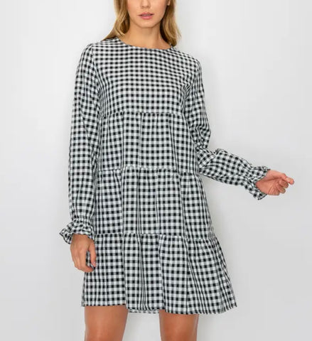 Black Tiered Gingham Print Dress