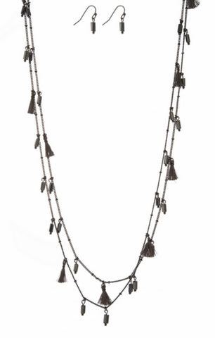 Gray tassel and bead necklace set