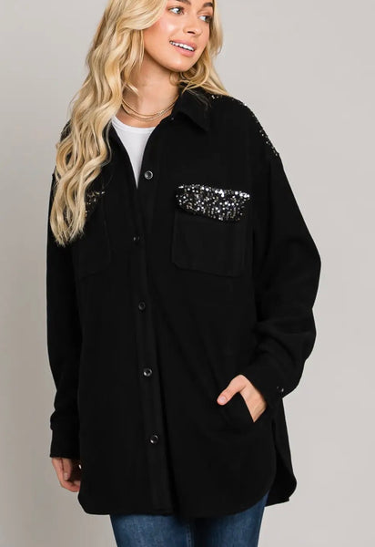 Black Corduroy Shacket with Sequin