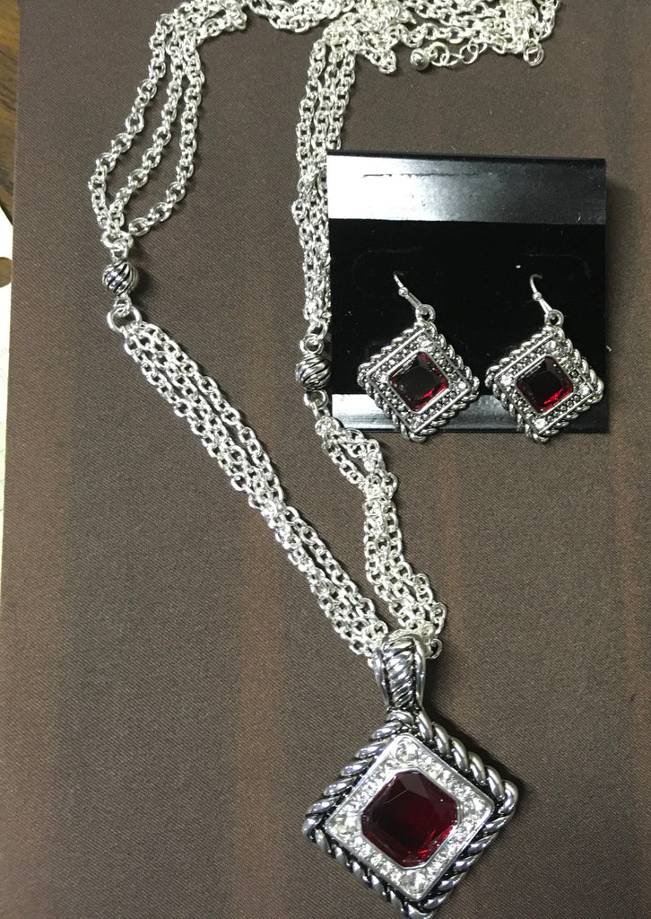 Ruby Red antiqued silver fashion necklace and earring set