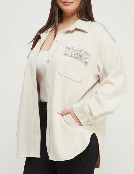 Cream Silver Sequin Corduroy Shacket Jacket Plus
