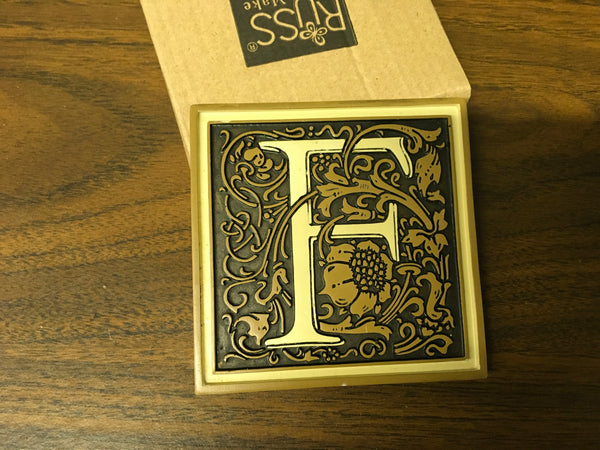 F Initial Russ Tile Magnet Floral Embossed