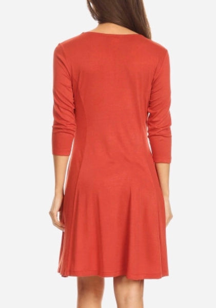 Rust 3/4 sleeve swing dress