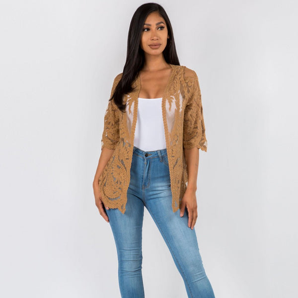 Camel with lace 3/4 sleeve jacket kimono