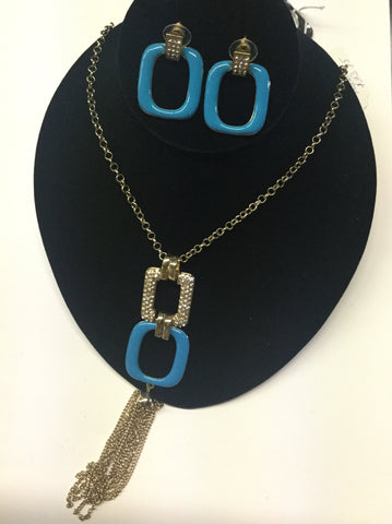 Turquoise rhinestone fringed necklace set