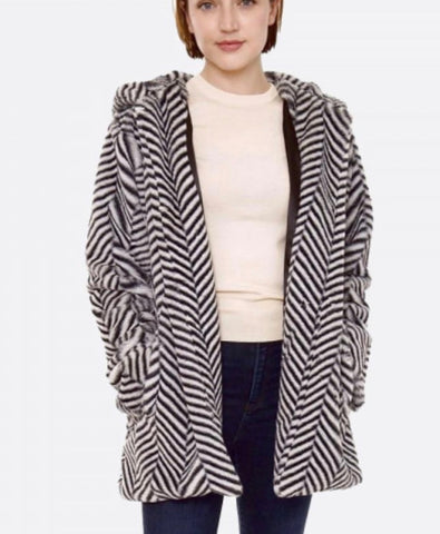 Black Faux fur herringbone coat