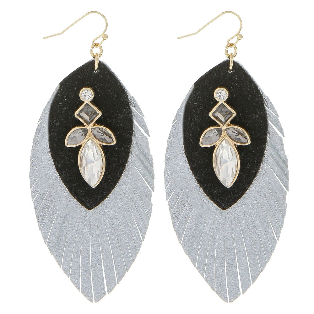 Black gray rhinestone feather earring