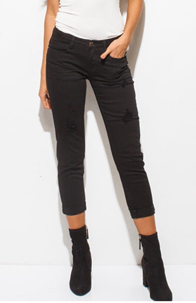 Machine distressed boyfriend crop black jean