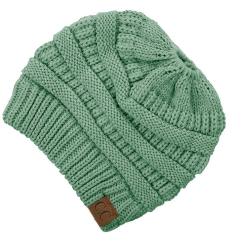 Sage CC beanie messy bun