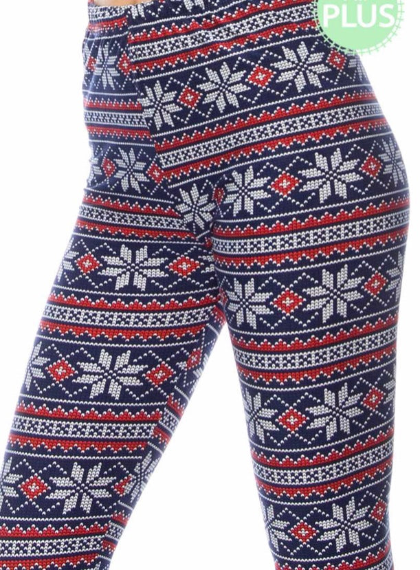Navy red snowflake print leggings Plus