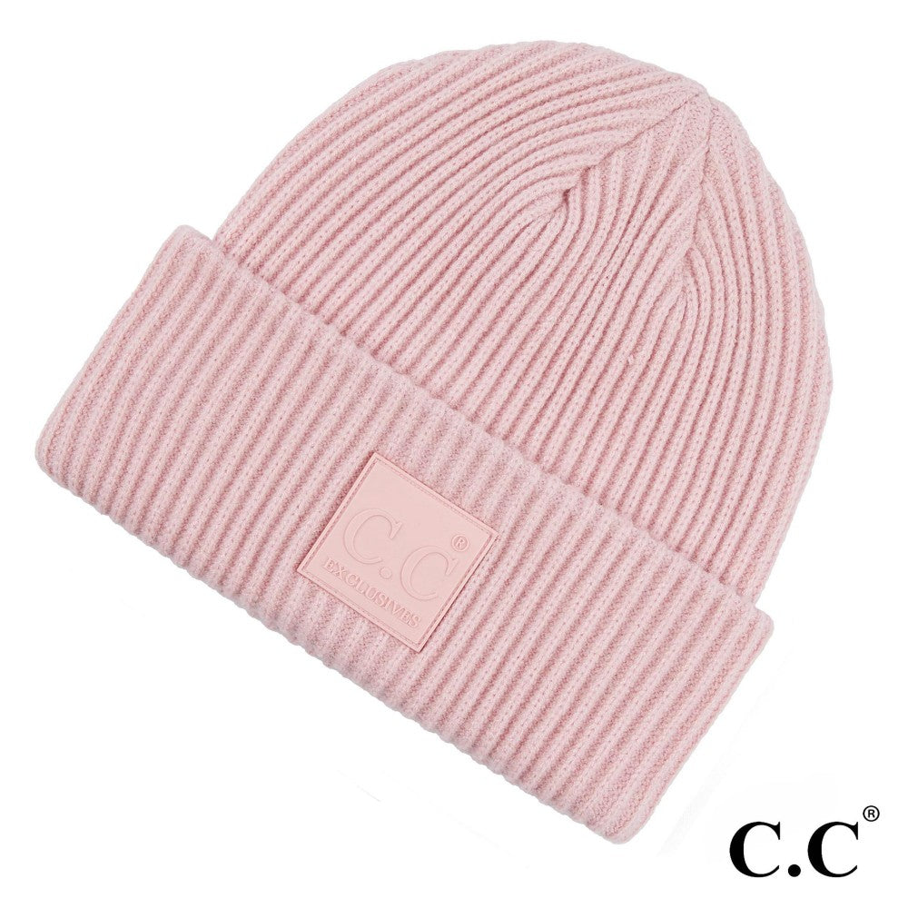 Pink Ribbed Beanie C.C Rubber Patch
