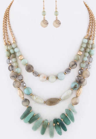Green multi bead statement necklace set