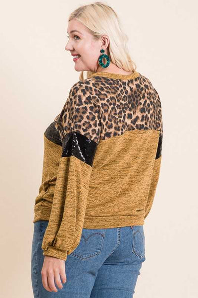 Mustard Sequin & Leopard Print Top PLUS