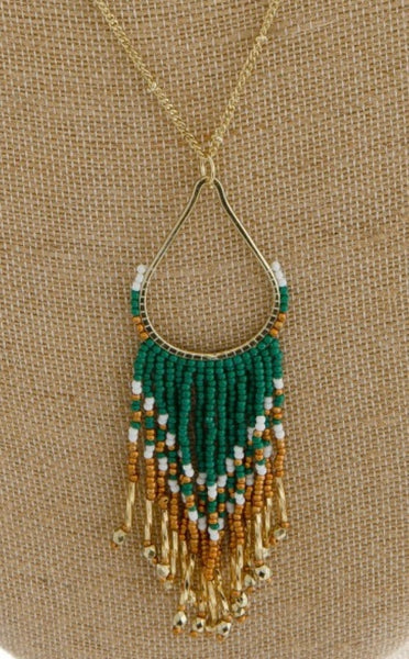 Green seed bead tassel necklace