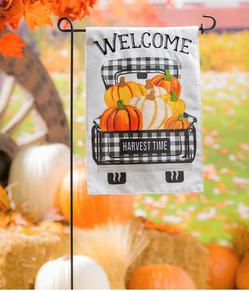 Pumpkin Plaid Truck Garden Burlap Flag