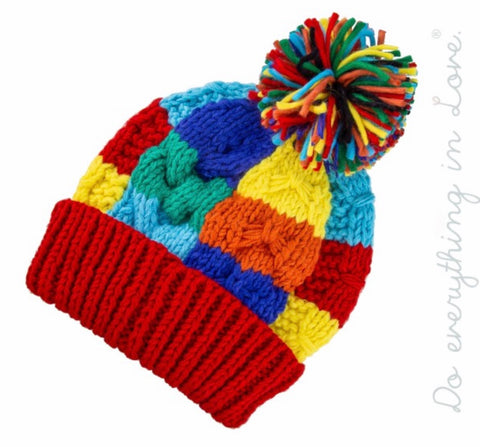 Red multi color block beanie with Pom