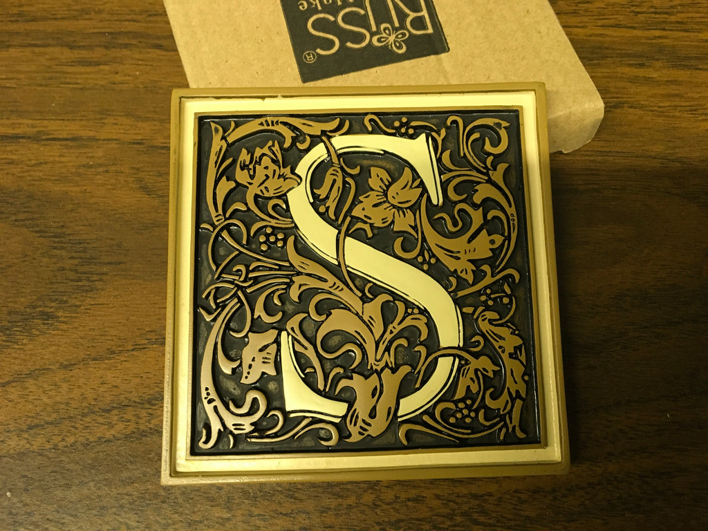 S Initial Russ Tile Magnet Floral Embossed