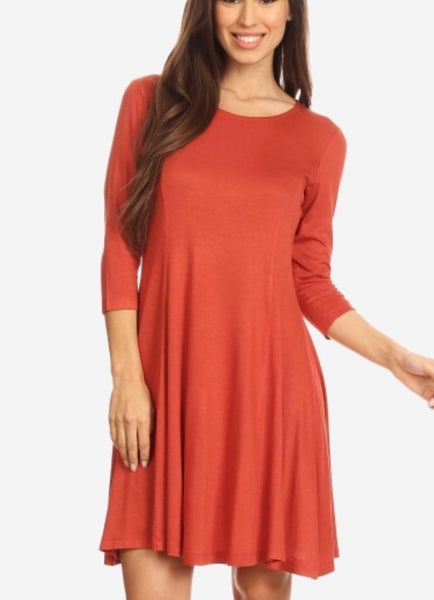 Rust 3/4 sleeve swing dress