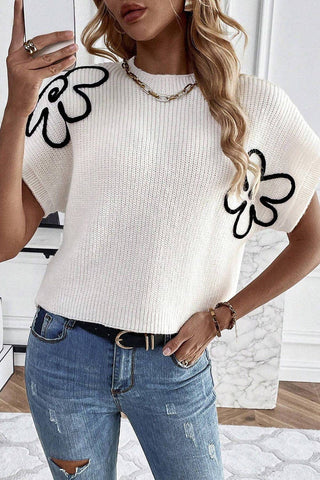 White Black Flower knit sweater Top