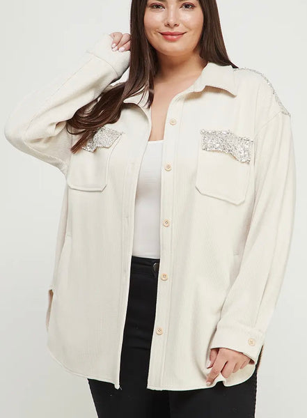 Cream Silver Sequin Corduroy Shacket Jacket Plus