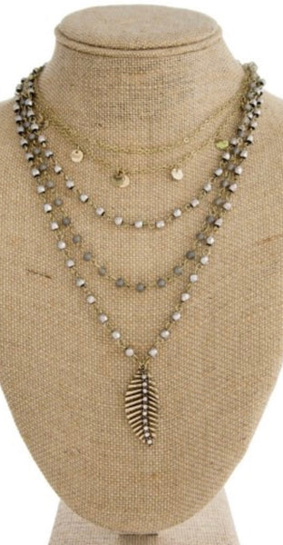 Gray bead 5 layer leaf necklace