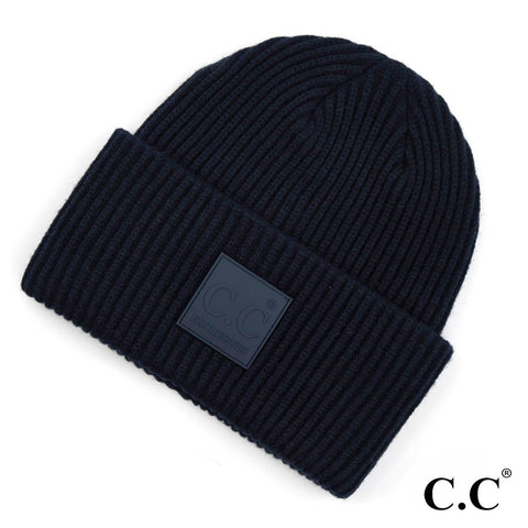 Navy Ribbed Beanie C.C Rubber Patch