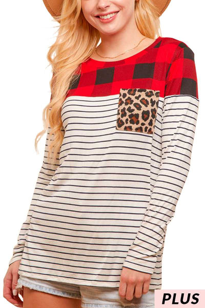 Red PLAID AND STRIPE TOP WITH LEOPARD POCKET Plus