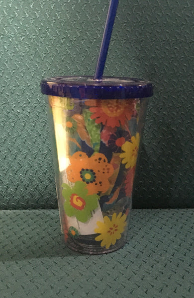 Blue floral travel cup with scarf set