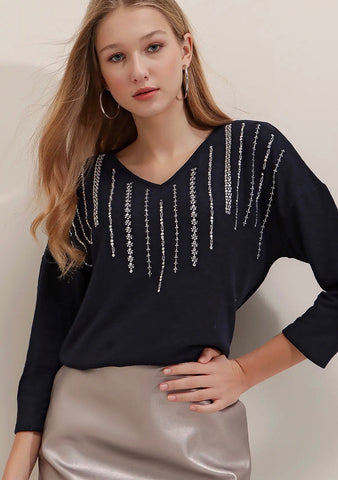 Navy V-Neck Silver Stud top