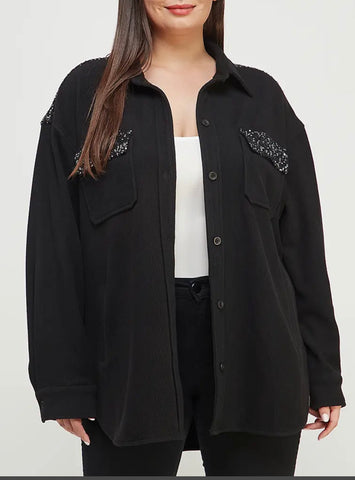 Black Corduroy Shacket with Sequin Plus