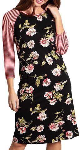 Black red white floral stripe dress