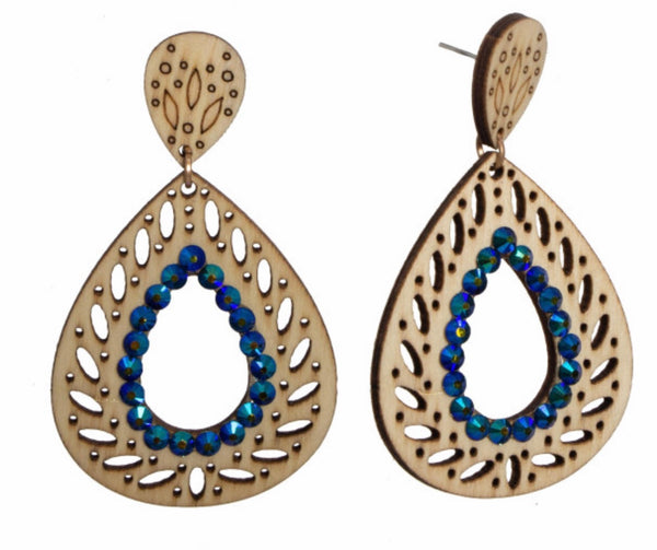 Ivory wood teardrop with blue stone earring