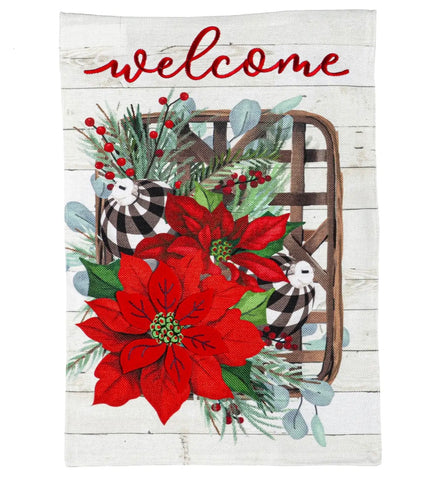 Poinsettia Tobacco Basket House Burlap Flag