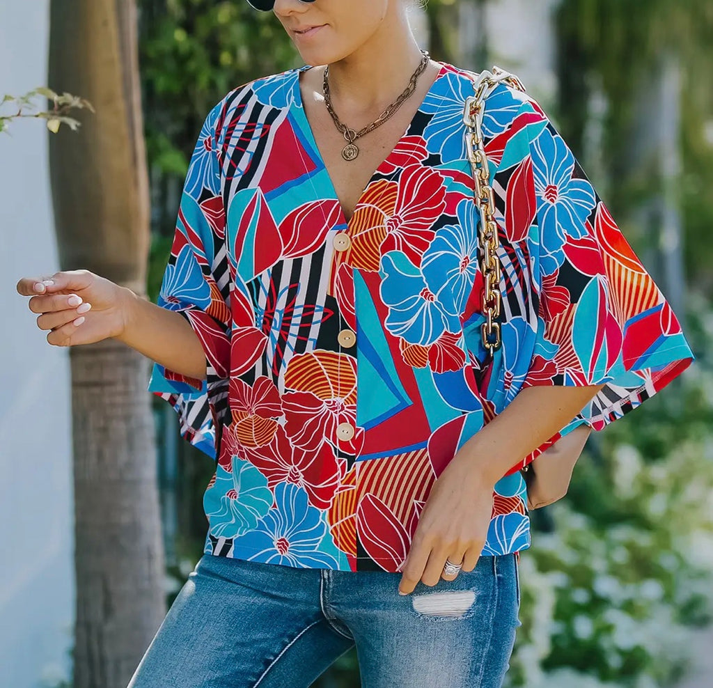 Vibrant Blue red floral print top