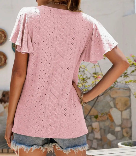 Pink Pointelle Flutter Sleeve Knit Top