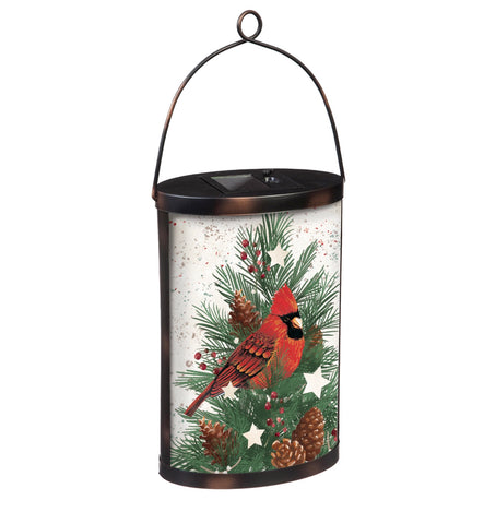 Cardinal Winter Spruce Hand Painted Solar Lantern