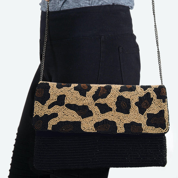 Leopard seed bead crossbody handbag