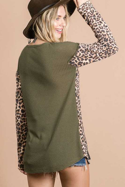 Olive color block leopard top