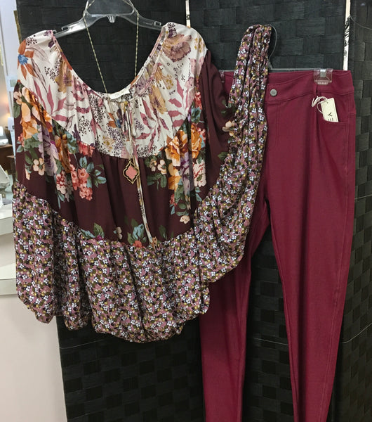 Burgundy floral blocked blouse PLUS