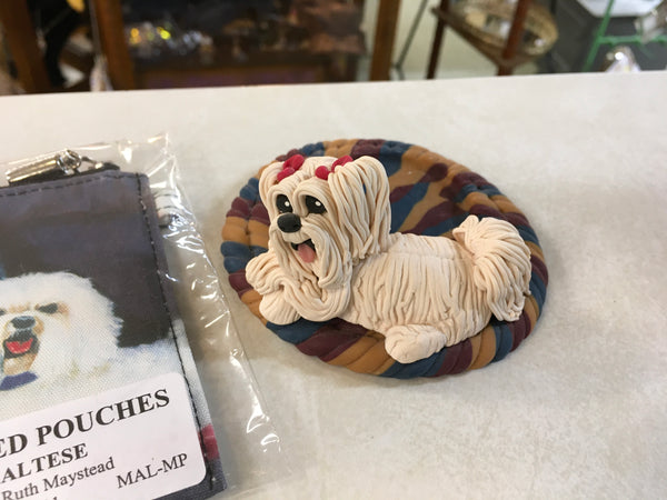 Maltese puppy dog On rug Cecile candle holder plus pouch preowned