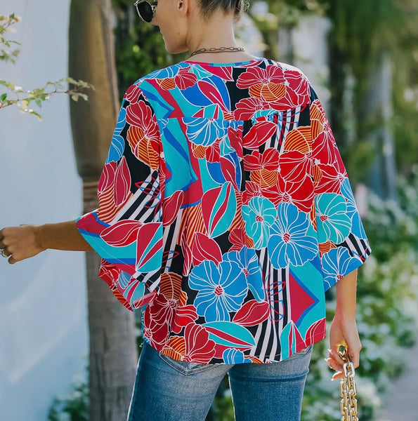Vibrant Blue red floral print top