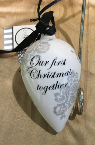 Elegant black ink Our First Christmas crackle ornament