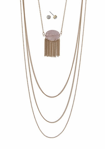 Rose quartz stone with metal fringe Necklace set