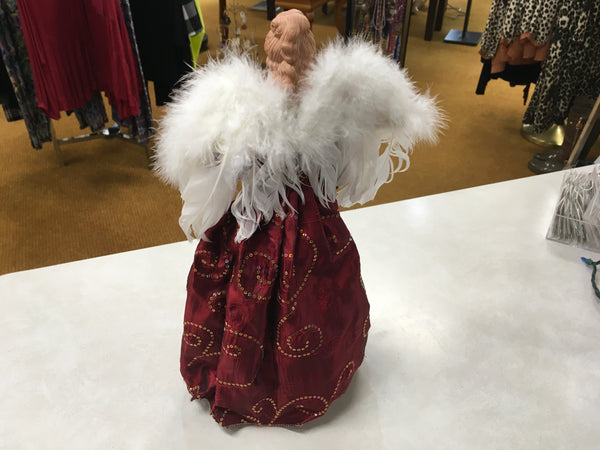 Angel harp in burgundy with feathers tree topper preowned