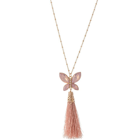 Pink butterfly tassel necklace