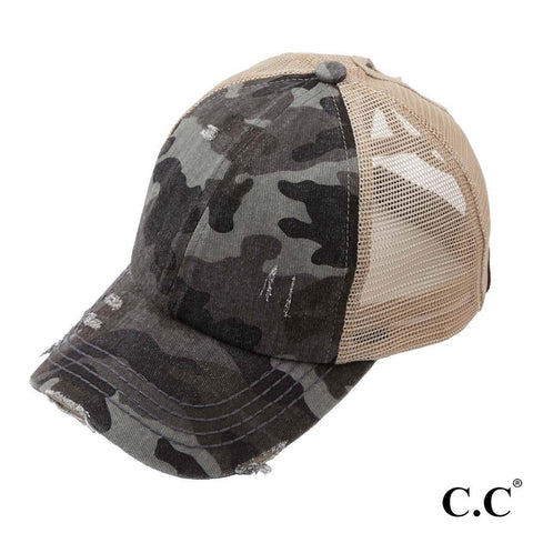 Gray Camo Camouflage Criss-Cross High PonyTail Cap