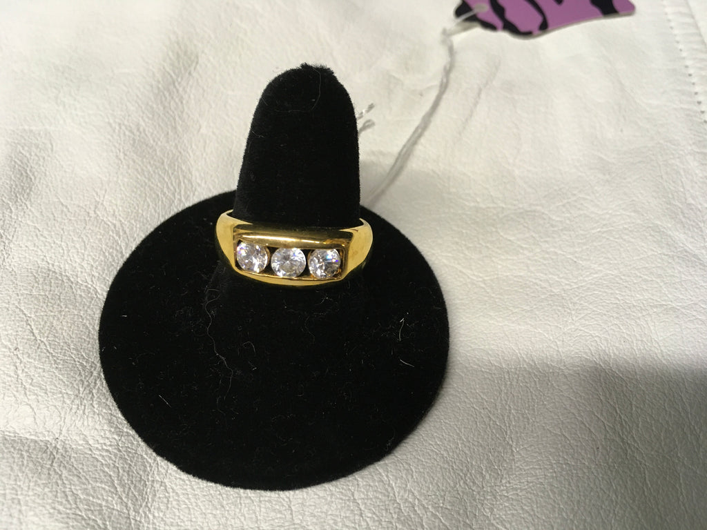 Men’s vintage crystal CZ 3 stone gold design ring sz 9.5