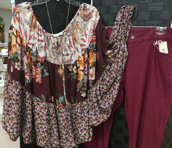 Burgundy floral blocked blouse PLUS