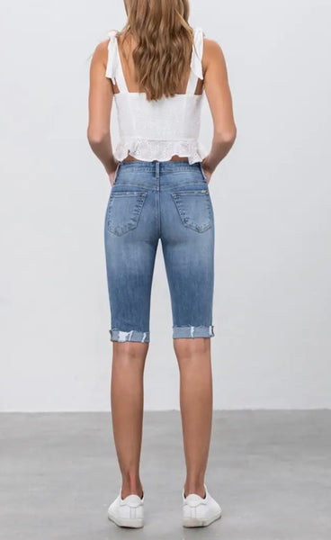 Mid rise distressed Bermuda denim short
