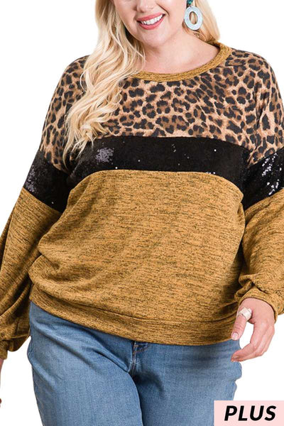 Mustard Sequin & Leopard Print Top PLUS